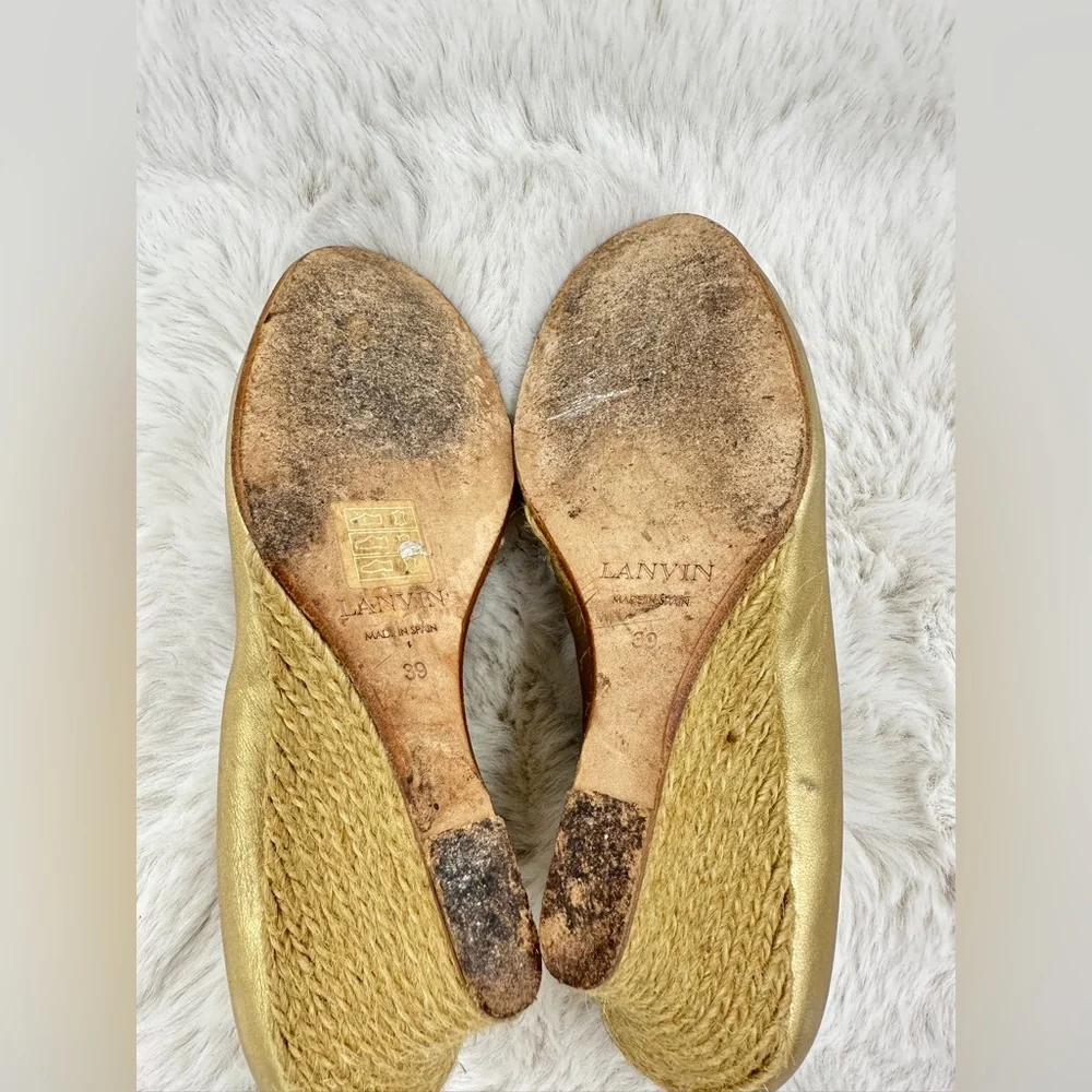 Lanvin Gold Metallic Leather Jute Wedge Sandals Women’s‎ 39 US 9